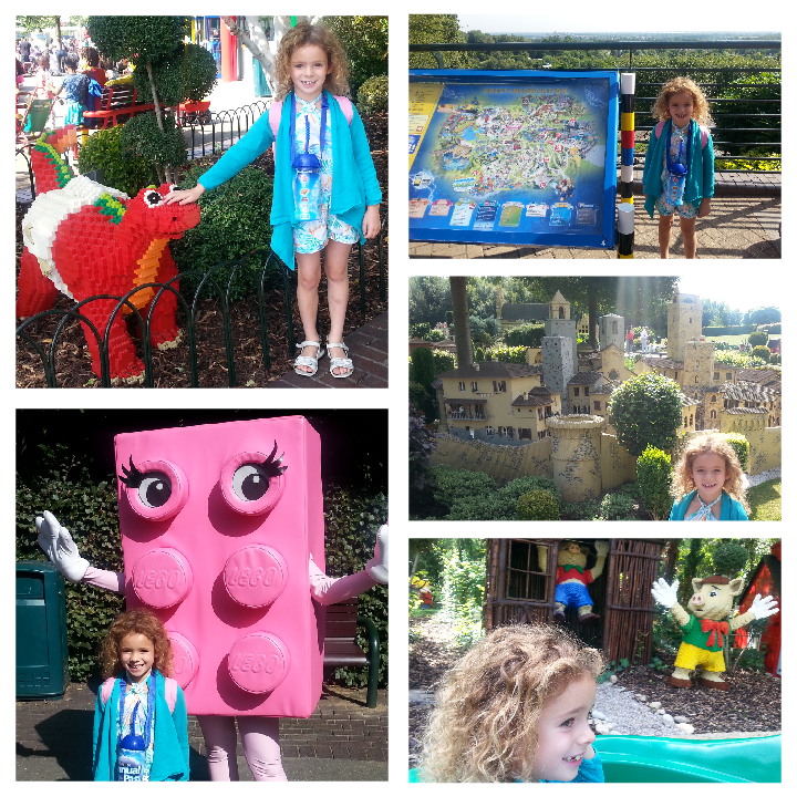 Clockwise from left: L with a lego baby dragon, with the map and Windsor in the background, with a lego castle, on the Fairy Tale Brook ride, with pink brick.