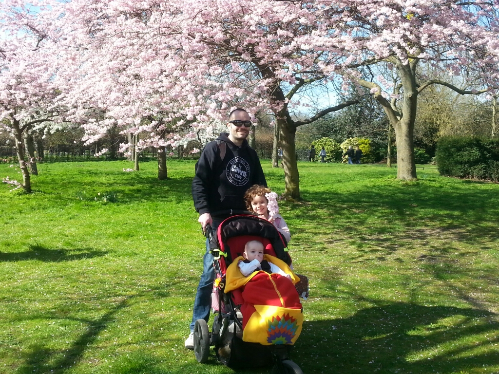 Hubs with L and C, in amongst the blossom in London.