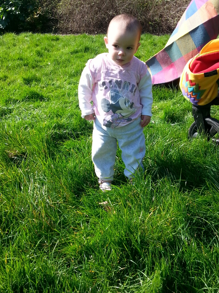 C takes tentative steps on the springy grass.