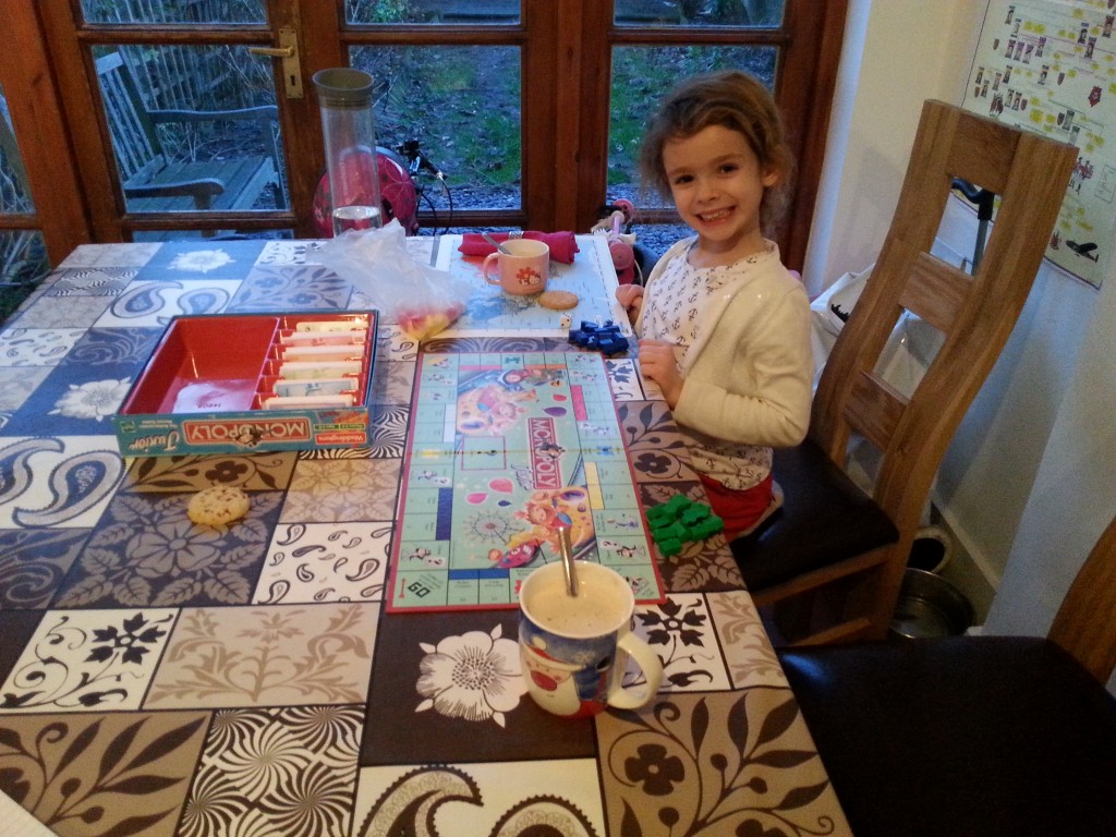 L ready to play Junior Monopoly, with our hot chocolate and biscuits :-)