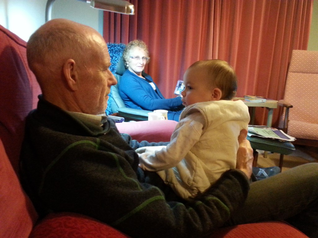 Grandpa calming a coughing C (although it was Grandma that finally got her to sleep)