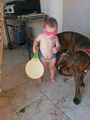 Baby wearing googles with dog and bat by www.FranglaiseMummy.com (French & English Parenting and Lifestyle Ramblings)